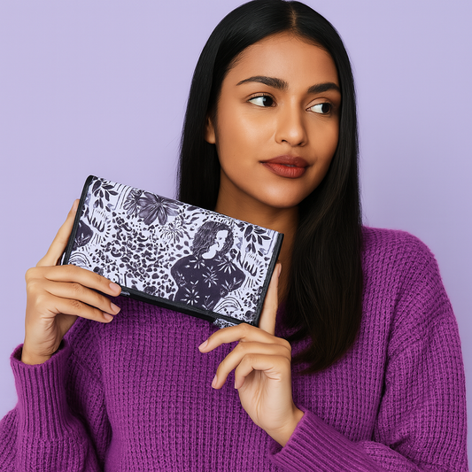 Classic Black and White Women Tri-Fold Wallet with Leather Trim – Timeless and Elegant Design