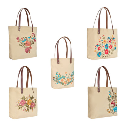Floral Embroidered Canvas Tote for Women with Cotton Lining & Leather Handle—Travel, Beach & Daily Use, Shoulder Bag- Pack of 5