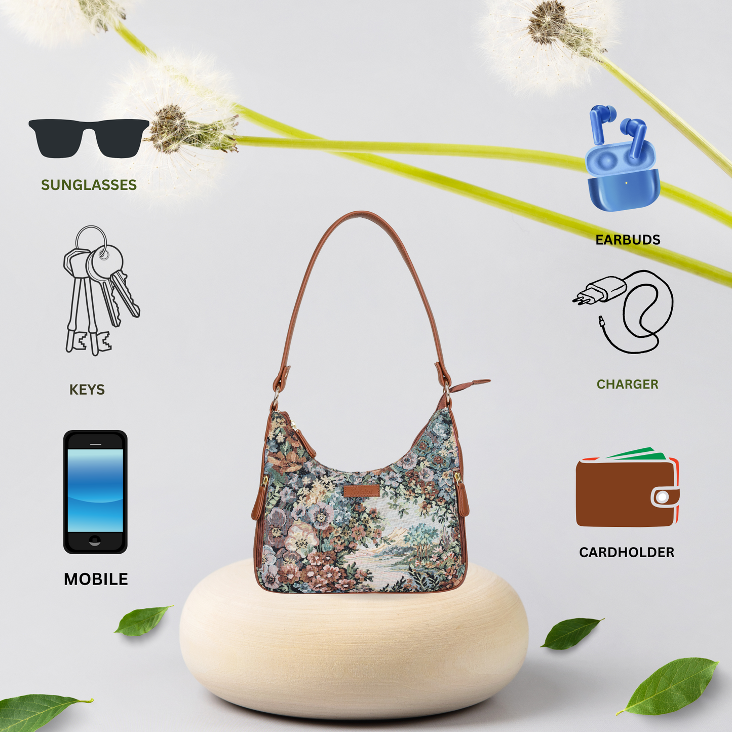 Botanical Design Tapestry Fabric Hobo Bag For Women | Shoulder & Satchel Purse with Vegan leather Trim and Strap for Travel & Casual Use