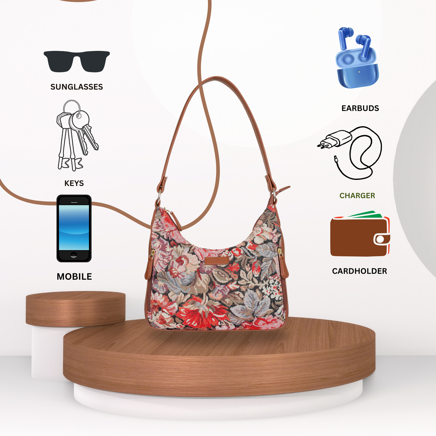 Ladies Hobo Bag in Floral Design Tapestry Fabric | Trimmed Shoulder Satchel Bag with vegan leather Strap for Everyday Use