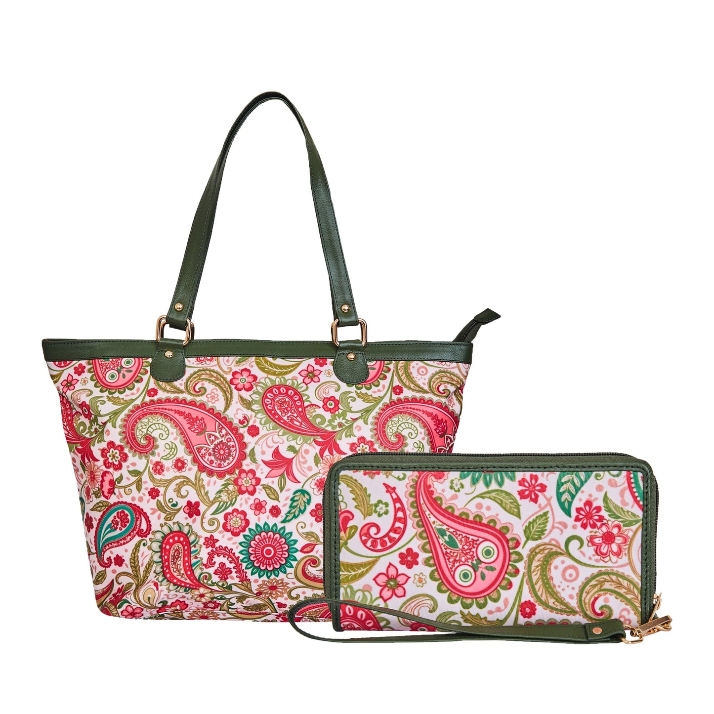 Tote Bag & Wristlet Wallet Combo for Women Paisley Print with Leather Trim