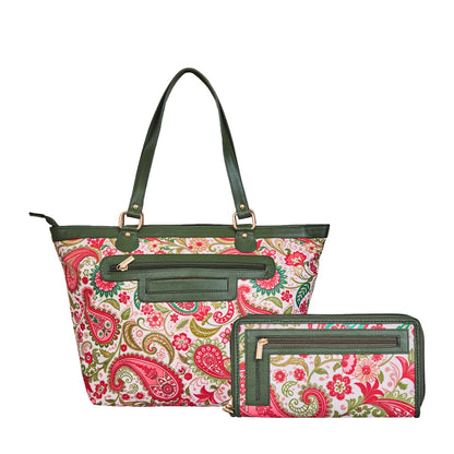 Tote Bag & Wristlet Wallet Combo for Women Paisley Print with Leather Trim
