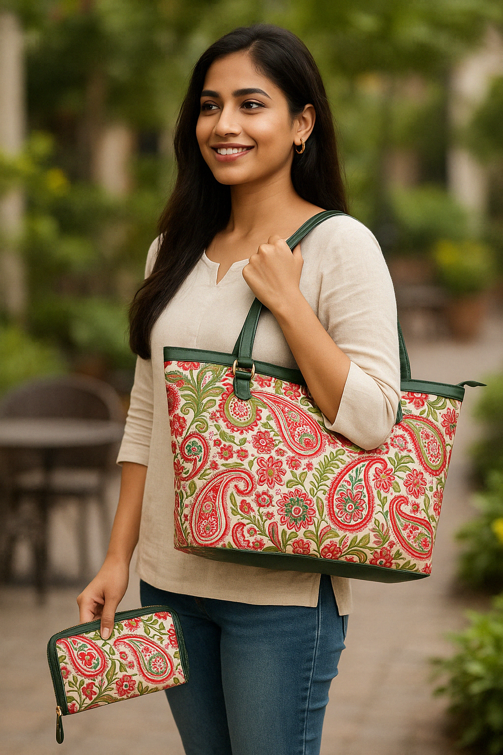 Tote Bag & Wristlet Wallet Combo for Women Paisley Print with Leather Trim