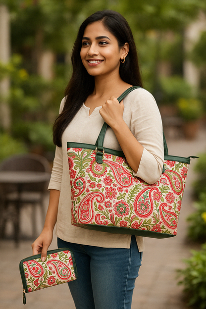 Tote Bag & Wristlet Wallet Combo for Women Paisley Print with Leather Trim