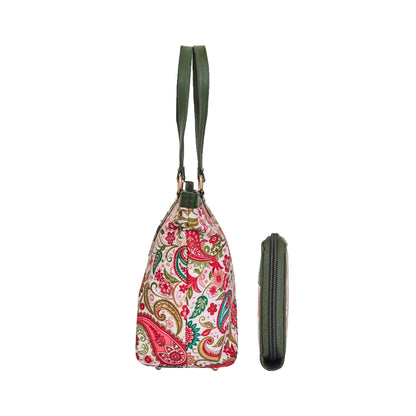 Tote Bag & Wristlet Wallet Combo for Women Paisley Print with Leather Trim