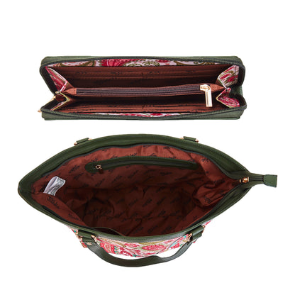 Tote Bag & Wristlet Wallet Combo for Women Paisley Print with Leather Trim