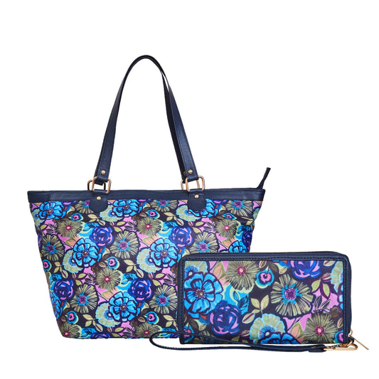 Botanical Print Leather Tote Bag & Wristlet Wallet Combo for Women