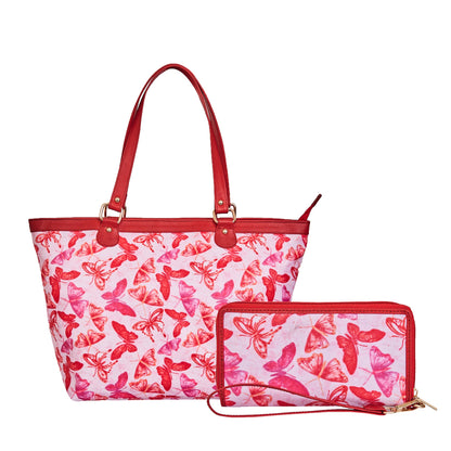 Ladies Tote Bags and Wristlet Combo Set Butterfly Wing Design with Leather Details