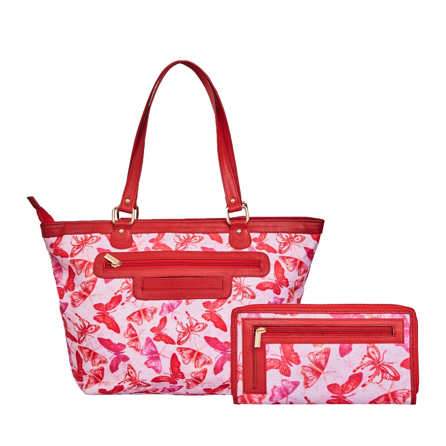 Ladies Tote Bags and Wristlet Combo Set Butterfly Wing Design with Leather Details