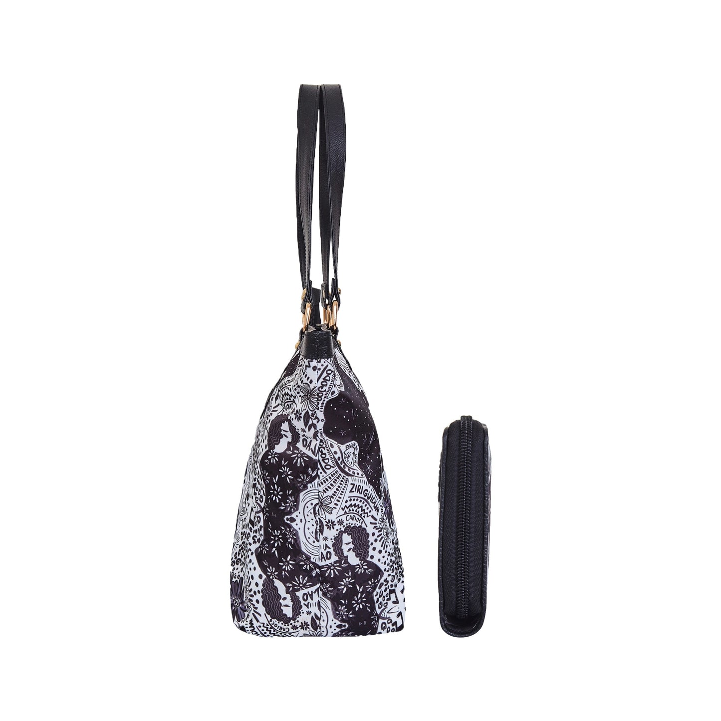 Wholesale Women's Monochrome Tote Bag & Wristlet Wallet - Fabric with Leather Trim