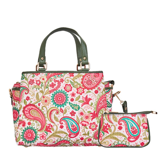 Satchel & Coin Pouch Combo for Ladies Paisley Print with Leather Detailing