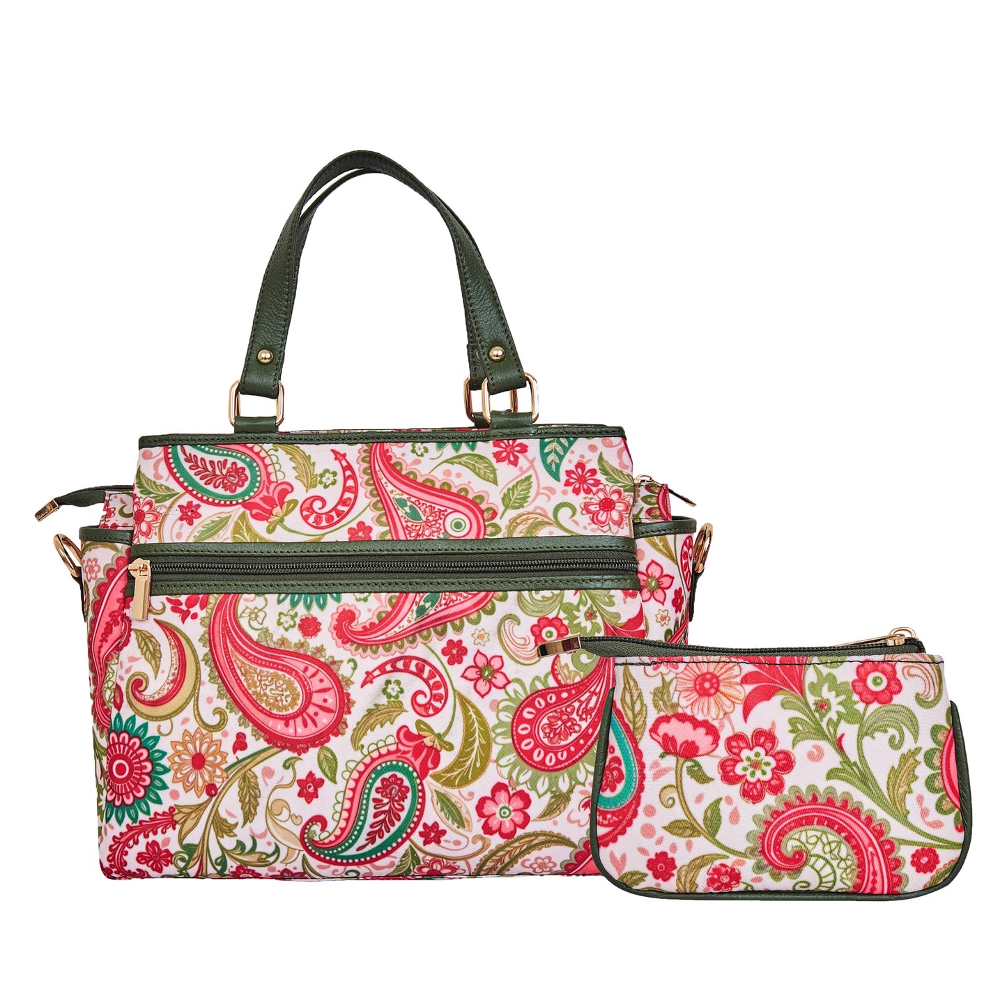 Satchel & Coin Pouch Combo for Ladies Paisley Print with Leather Detailing