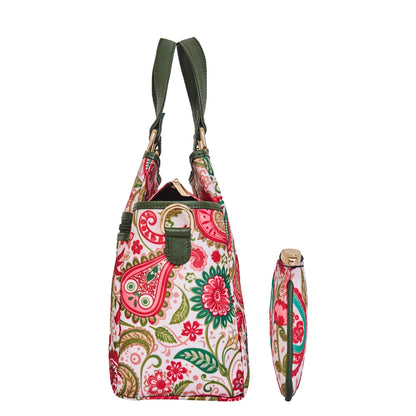 Satchel & Coin Pouch Combo for Ladies Paisley Print with Leather Detailing