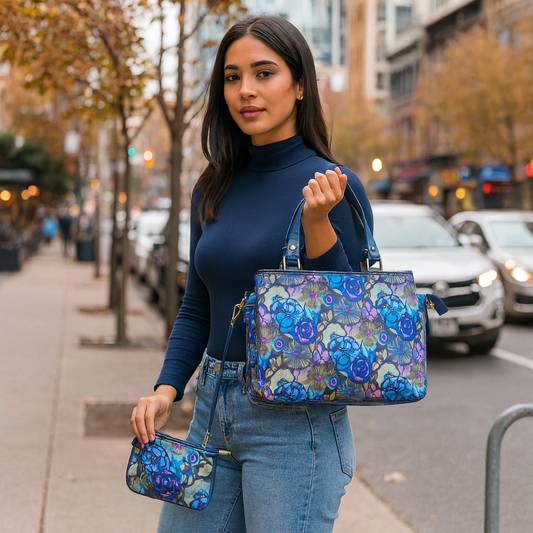 Leather Satchel Bag & Coin Pouch Combo for Women Botanical Print