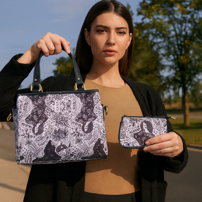 Women's Satchel bag & Coin Pouch Elegant Monochrome Print and Leather Accents