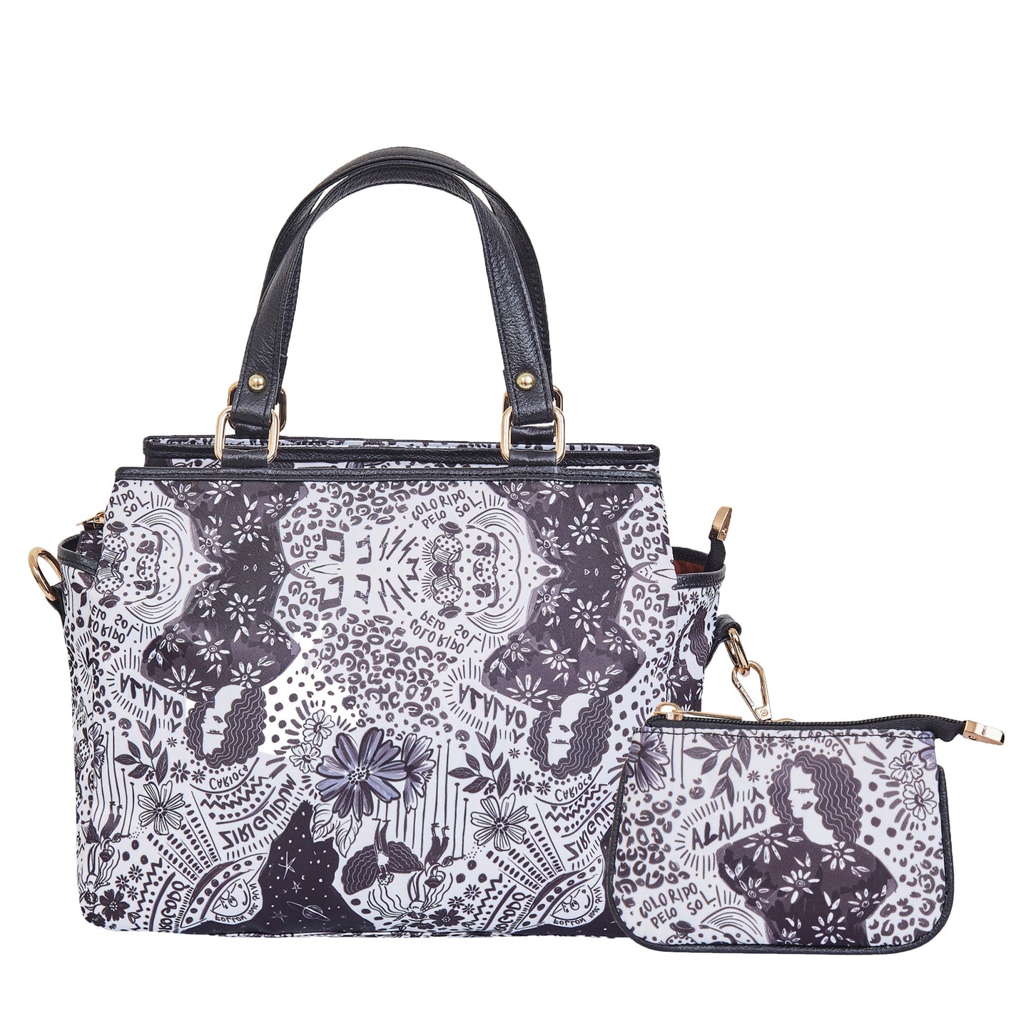Women's Satchel bag & Coin Pouch Elegant Monochrome Print and Leather Accents