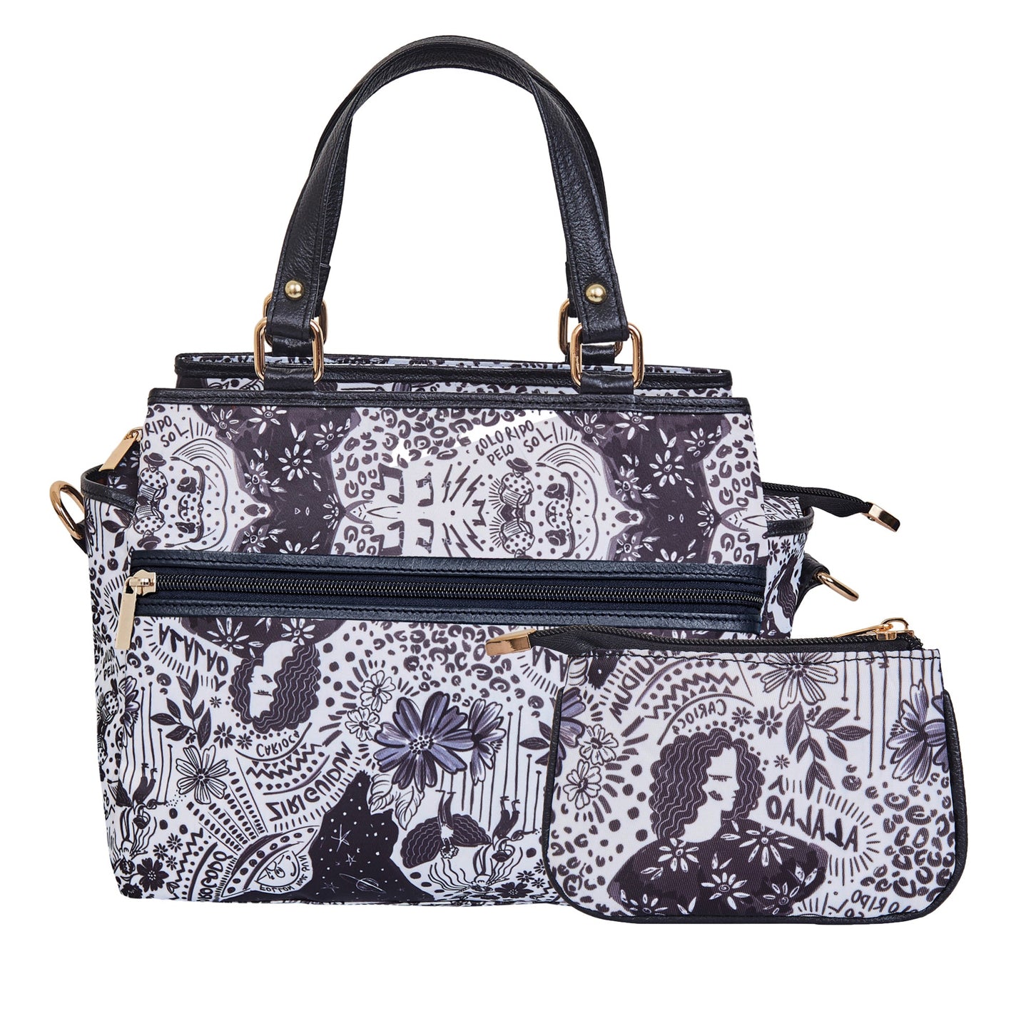 Women's Satchel bag & Coin Pouch Elegant Monochrome Print and Leather Accents