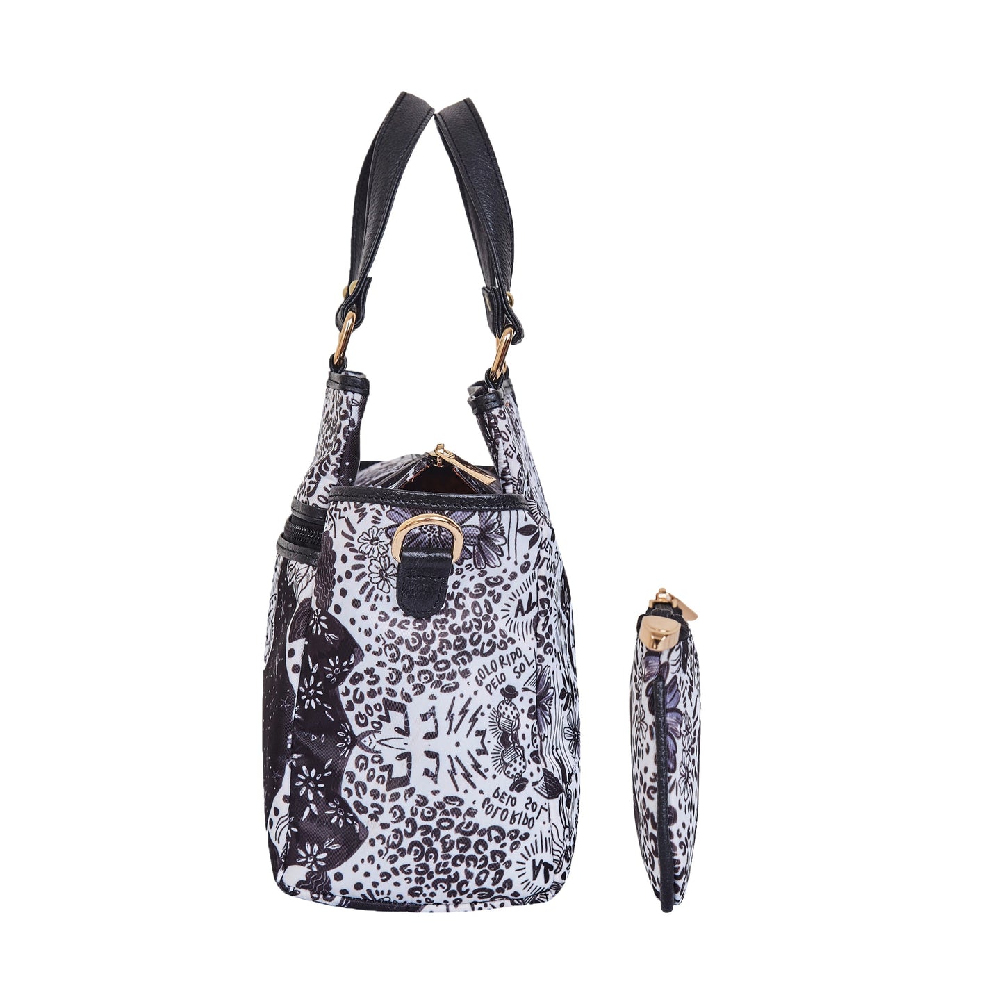 Women's Satchel bag & Coin Pouch Elegant Monochrome Print and Leather Accents