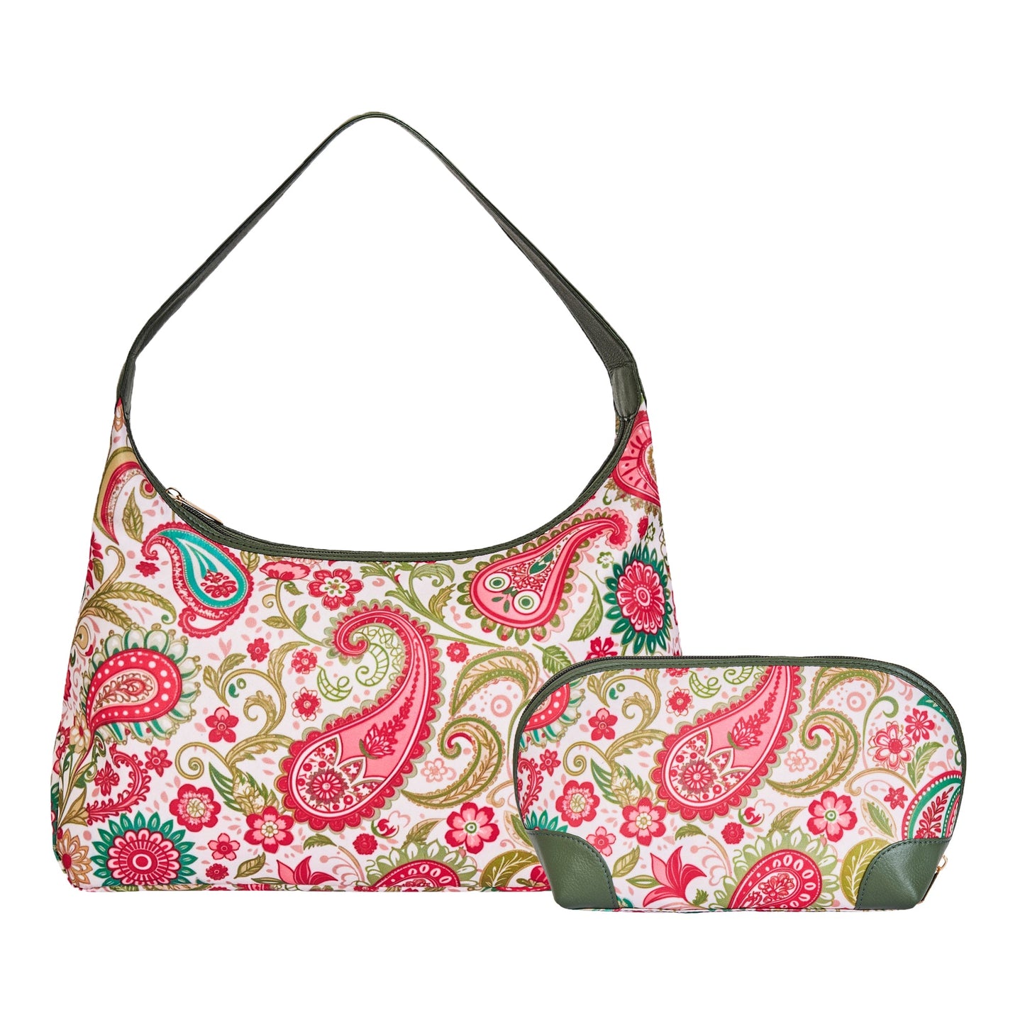 Paisley Print Sling Hobo & Cosmetic Bag Combo with Leather