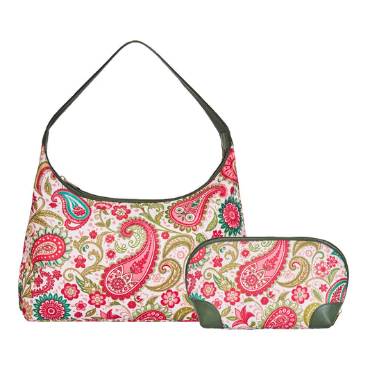 Paisley Print Sling Hobo & Cosmetic Bag Combo with Leather