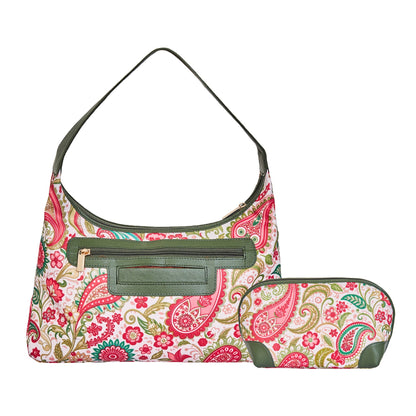 Paisley Print Sling Hobo & Cosmetic Bag Combo with Leather