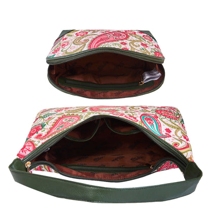 Paisley Print Sling Hobo & Cosmetic Bag Combo with Leather