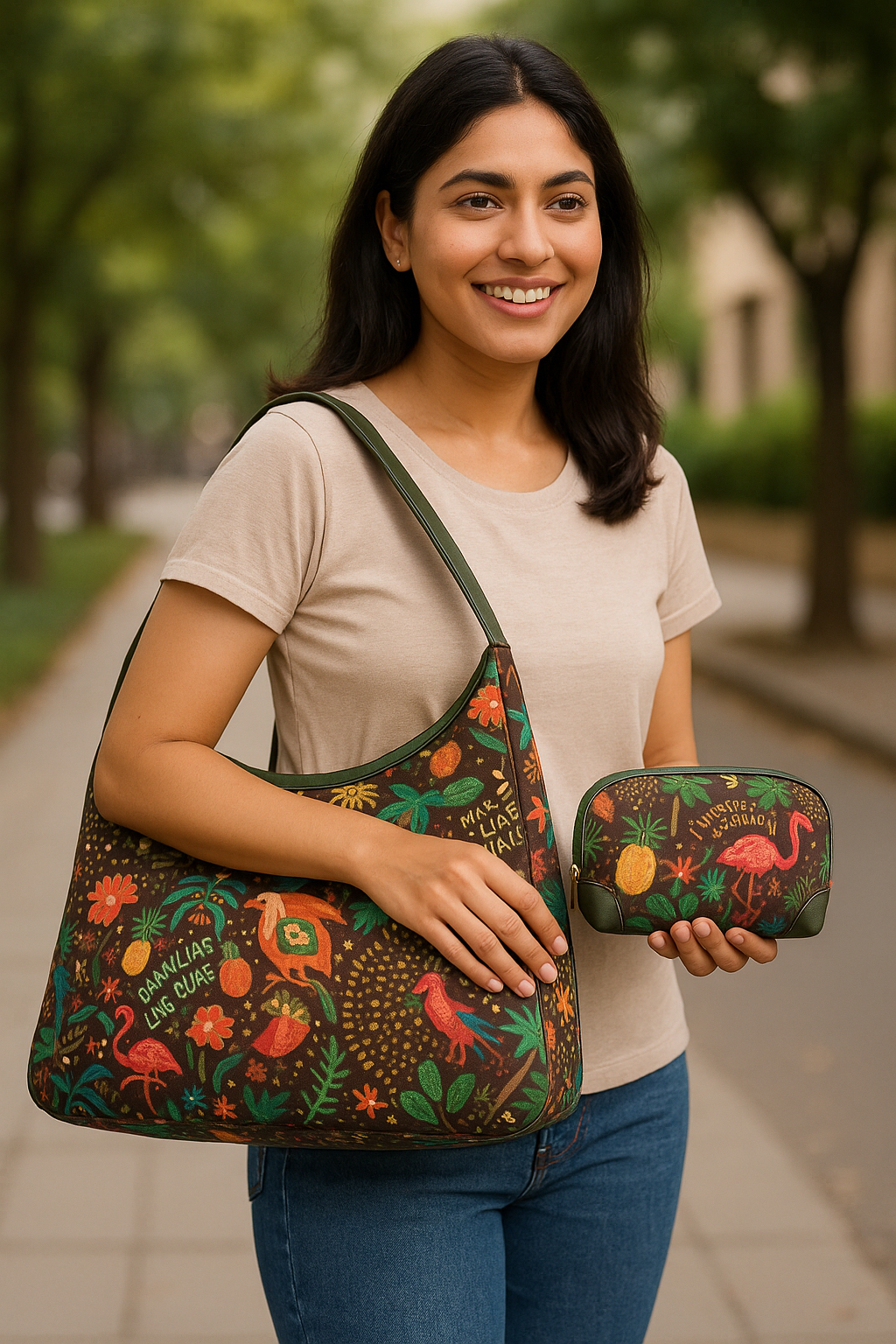 Leather Trim Sling Hobo Bag & Matching Cosmetic Bag  Combo For Women