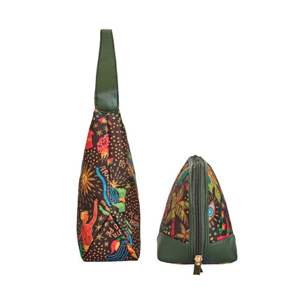 Leather Trim Sling Hobo Bag & Matching Cosmetic Bag  Combo For Women