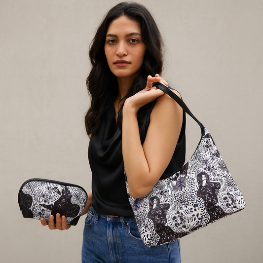 Monochrome Leather Trim Sling Hobo & Cosmetic Bag Combo for ladies