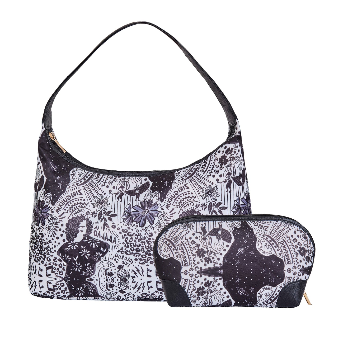 Monochrome Leather Trim Sling Hobo & Cosmetic Bag Combo for ladies