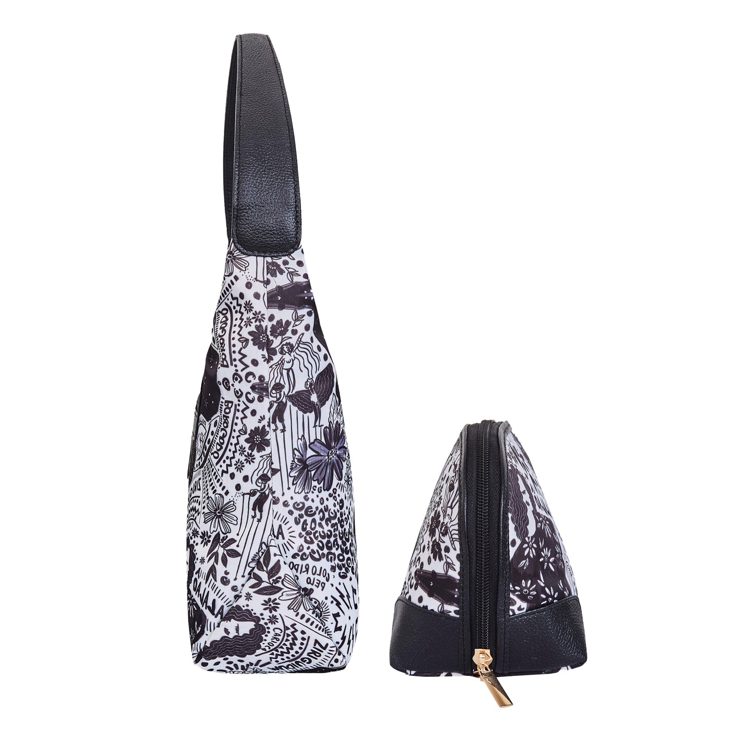 Monochrome Leather Trim Sling Hobo & Cosmetic Bag Combo for ladies