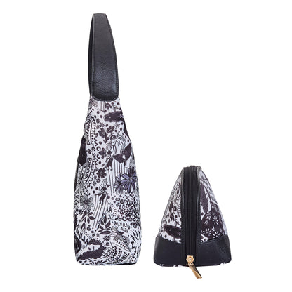 Monochrome Leather Trim Sling Hobo & Cosmetic Bag Combo for ladies