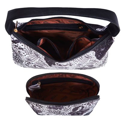 Monochrome Leather Trim Sling Hobo & Cosmetic Bag Combo for ladies