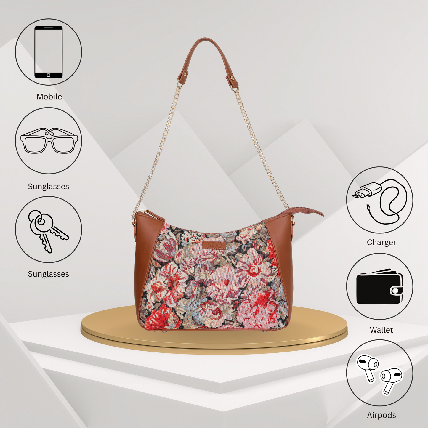 Ladies’ Floral Tapestry Hobo Shoulder Bag – Vegan Leather Satchel Purse with Top Handle & Chain Strap for Daily Use
