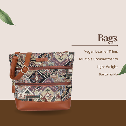 Geometric Tapestry Crossbody Sling – Women’s Messenger & Shoulder Bag with Vegan Leather Trim