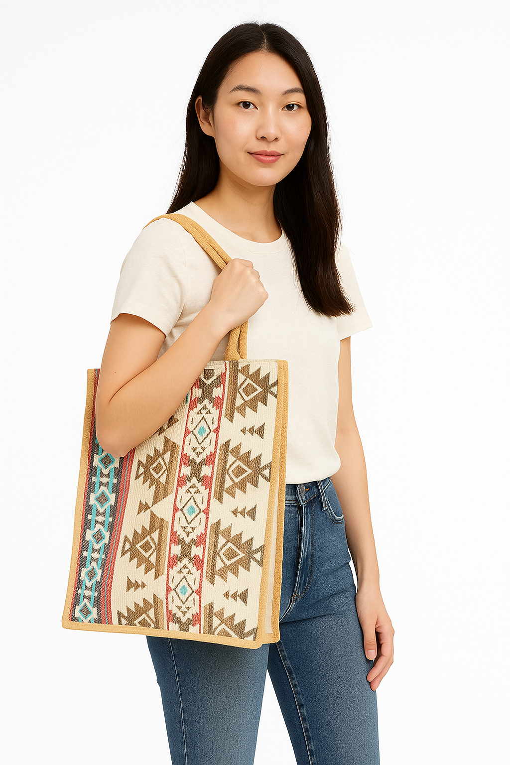 Premium Natural Reusable Jute Shopping Tote Bag with Stylish Jacquard Fabric. Groceries, Vegetables, Kitchen Essentials & Beach Trips -Pack of 5