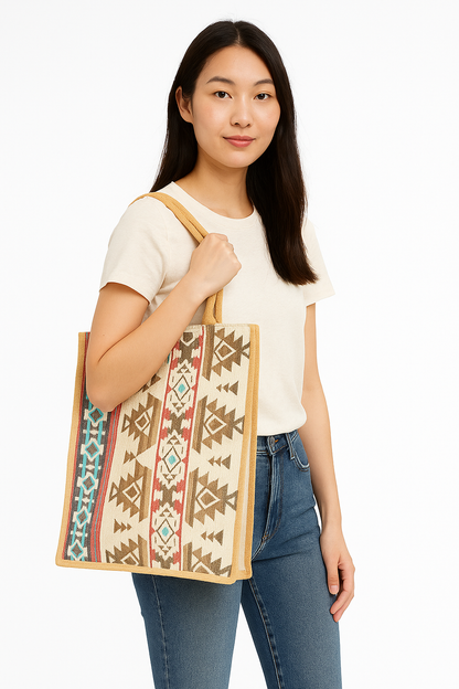 Premium Natural Reusable Jute Shopping Tote Bag with Stylish Jacquard Fabric. Groceries, Vegetables, Kitchen Essentials & Beach Trips -Pack of 5