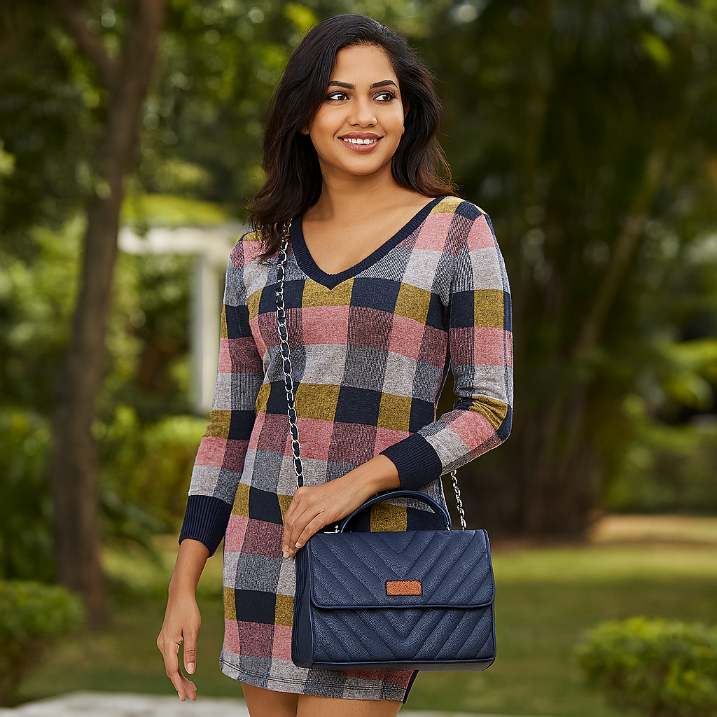 Blue Quilted Faux Leather Sling Bag – Women’s Chain Strap Shoulder Purse