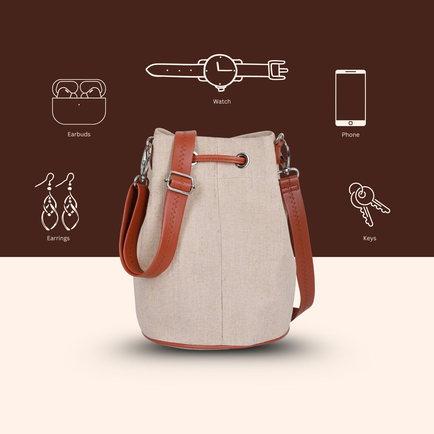 Wholesale  Beige Fabric Bucket Crossbody Sling bag  with Vegan Leather