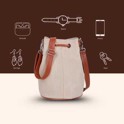 Wholesale  Beige Fabric Bucket Crossbody Sling bag  with Vegan Leather