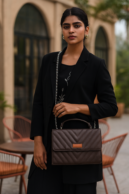Brown Quilted Shoulder Sling Bag – Elegant Women’s Handbag with Chain Strap