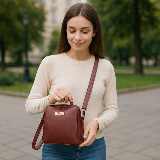 Sishka Cherry Red Leather Crossbody Handbag – Zipper Closure, Premium Sling Bag, Lightweight Purse with Tassel, Genuine Leather Shoulder Bag for Women, Ideal for Travel, Shopping & Daily Use.