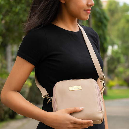 Taupe Genuine Leather Crossbody Sling Bag for Women