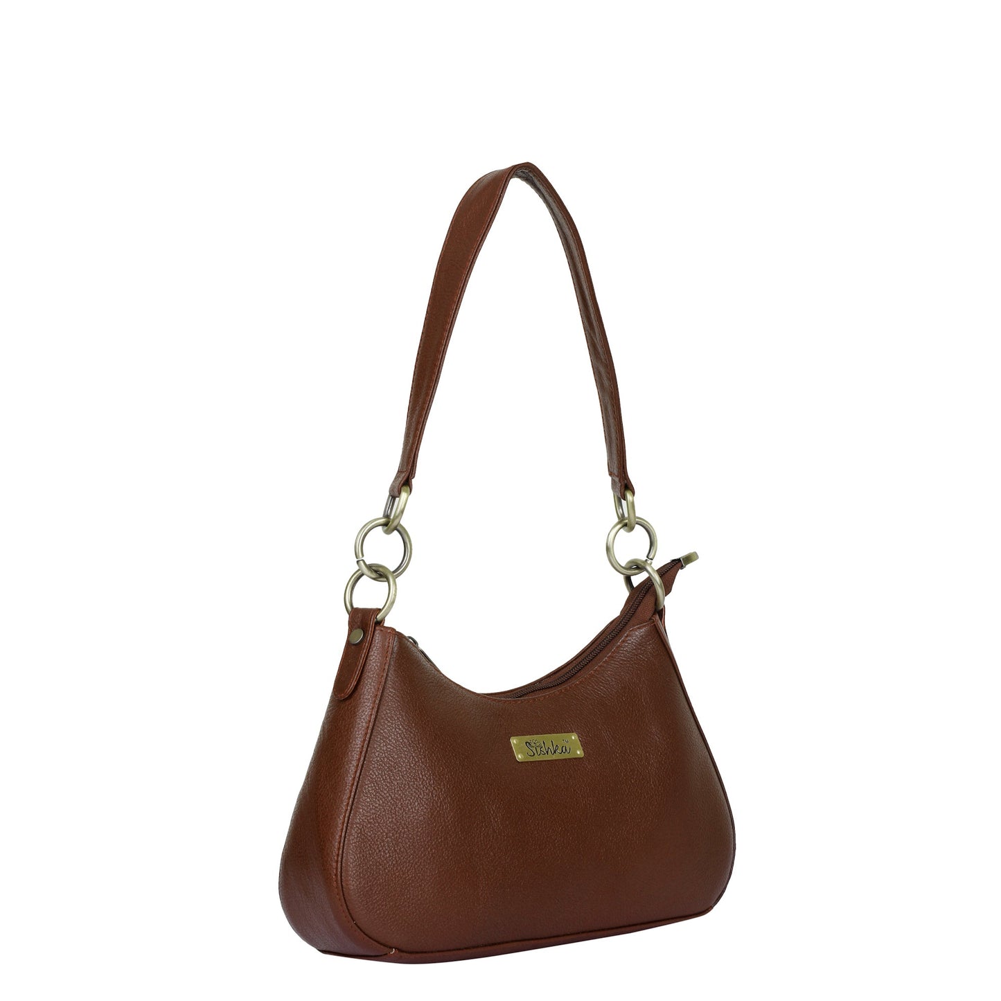 Brown Genuine Leather Half-Moon Shoulder Bag – Women’s Tote Purse