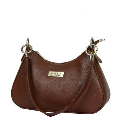Brown Genuine Leather Half-Moon Shoulder Bag – Women’s Tote Purse