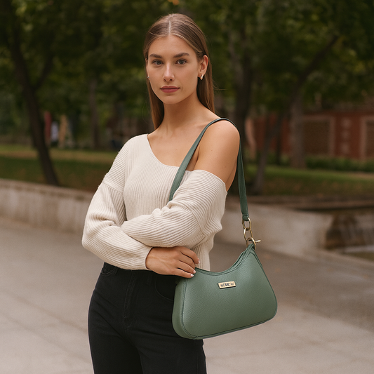 Olive Genuine Leather Half-Moon Shoulder Bag – Women’s Tote Purse