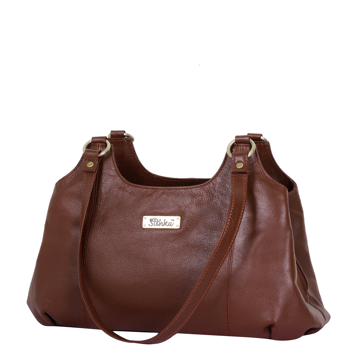 Sishka Brown Satchel Bag – Designer Round Handle Shoulder Handbag, Stylish Leather Tote Purse for Women and Ladies, Elegant Genuine Leather Bag (H 9" x W 13.5" x D 5").