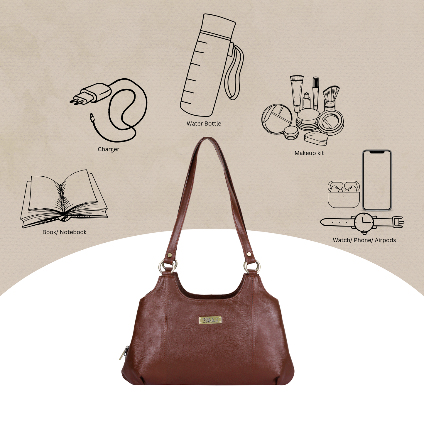 Sishka Brown Satchel Bag – Designer Round Handle Shoulder Handbag, Stylish Leather Tote Purse for Women and Ladies, Elegant Genuine Leather Bag (H 9" x W 13.5" x D 5").