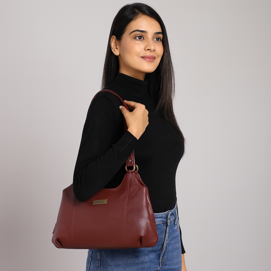 Cherry Red Satchel Bag by Sishka – Genuine Leather Shoulder Bag, Stylish Tote Purse for Ladies, Elegant Top Handle Handbag, Designer Leather Purse for Women (H 9" x W 13.5" x D 5").