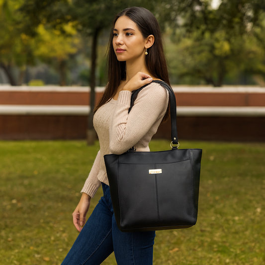 Sishka Black Tote Bag for Women – Elegant Genuine Leather Shoulder Handbag, Spacious Top Handle Satchel, Classic Ladies Purse for Office, Travel, Parties & Everyday Use